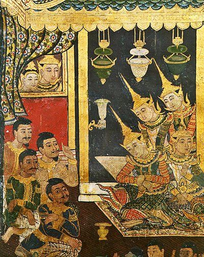 Wiharn Laikarn, odcinek z Jataka Sang Thong (fresk) autorstwa Thai School