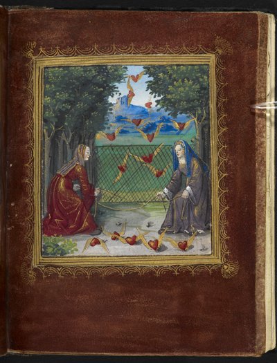 Stowe 955 f.13r Panny i skrzydlate serca, miniatura z „Petit Livre d