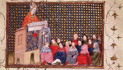 Harl 1319 f.12 Arcybiskup Arundel nauczający w sprawie Henryka, z „Histoire du Roy d