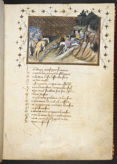 MacMorogh, irlandzki wódz, zbliżający się do księcia Gloucester, MS Harley 1319, f.9r autorstwa The Virgil Master
