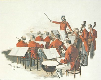 Austriacki kompozytor Johann Strauss II i jego zespół muzyczny na balu dworskim. autorstwa Theo Zasche