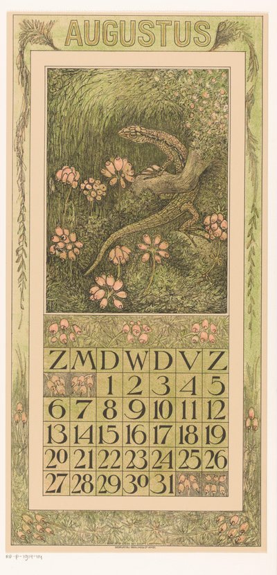 Strona kalendarza sierpnia z jaszczurką i wrzosem Kalendarz 1911 12 litografii Th. v. Hoytema (tytuł serii) autorstwa Theo van Hoytema
