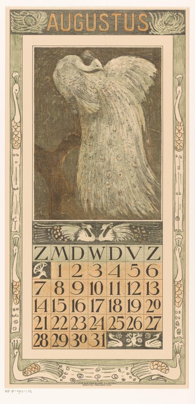 Strona kalendarza sierpnia z białym pawiem Kalendarz 1910 12 litografii Th. v. Hoytema (tytuł serii) autorstwa Theo van Hoytema