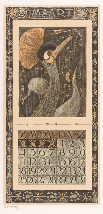 Arkusz kalendarza Marzec z żurawiami koronowymi Litografia Kalendarz 1906 12 autorstwa Th. v. Hoytema (tytuł serii) autorstwa Theo van Hoytema