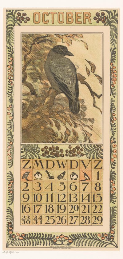 Październikowa strona kalendarza z kolorową wroną Kalendarz 1910 12 litografii Th. v. Hoytema (tytuł serii) autorstwa Theo van Hoytema