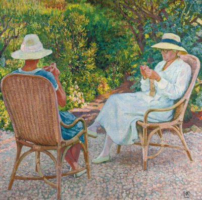 Maria i Elisabeth van Rysselberghe Knitting w ogrodzie, ok. 1912 autorstwa Théo van Rysselberghe