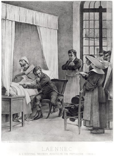 Rene Theophile Hyacinthe Laennec (1781-1826) słuchający piersi mężczyzny z konsumpcją, 1816 autorstwa Theobald Chartran