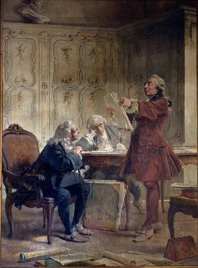 Przyrodnik i zarządca Jardin du Roi Georges-Louis Leclerc, hrabia Buffon (1707-1788) czyta pierwsze arkusze swojej umowy dotyczącej historii naturalnej przed botanikiem Bernardem de Jussieu (1699-1777) i przyrodnikiem Edme-Louis Daubenton (1732-17 autorstwa Theobald Chartran