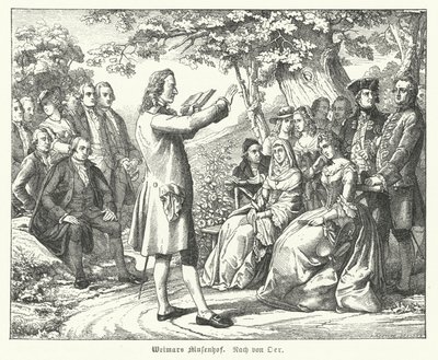Weimarski Dwór Muz: niemiecki poeta i dramaturg Friedrich Schiller czytający w zamku Tiefurt, a wśród słuchaczy Christoph Martin Wieland, Johann Wolfgang Goethe i Johann Gottfried Herder (ryty) autorstwa Theobald Reinhold von Oer