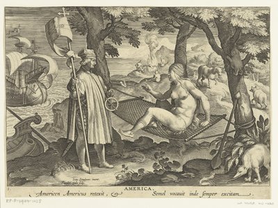 Amerigo Vespucci stawia stopę w Ameryce Ameryka. Ameryk reexit dla obu Ameryk. Semel vocauit inde semper excitam (tytuł na przedmiocie) Nowe wynalazki i odkrycia (tytuł serii) Nova Reperta (tytuł serii) autorstwa Theodoor Galle