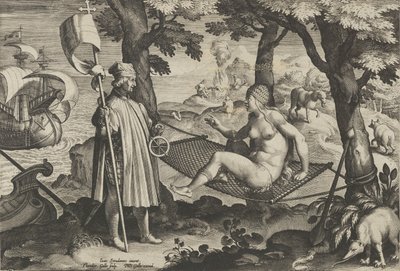Nowe wynalazki współczesności [Nova Reperta], Odkrycie Ameryki, płyta 1, ca. ...,ok. 1600. autorstwa Theodoor Galle