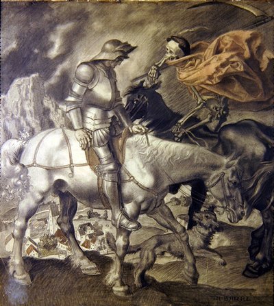 Rycerz zbliża się do śmierci (kolorowy ołówek na papierze) autorstwa Theodor Baierl