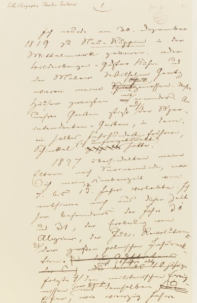Strona z autobiografii Fontane (pióro i atrament na papierze) autorstwa Theodor Fontane