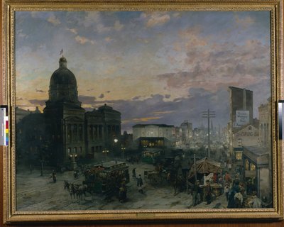 Washington Street, Indianapolis o zmierzchu (olej na płótnie) autorstwa Theodor Groll