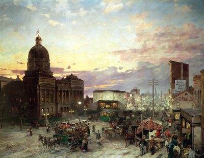 Washington Street, Indianapolis o zmierzchu (olej na płótnie) autorstwa Theodor Groll