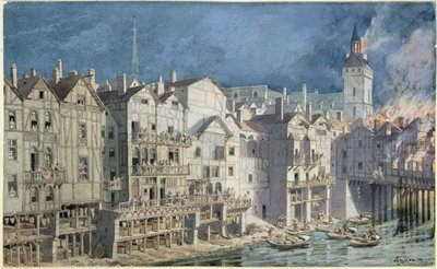 Pożar w Pont aux Meuniers w 1621 r. (pióro i atrament i toaleta na papierze) autorstwa Theodor Josef Hubert Hoffbauer