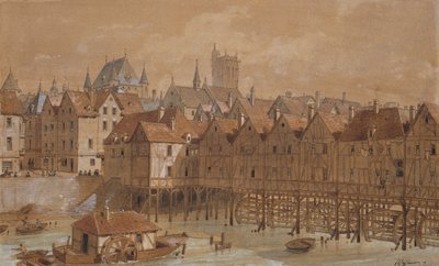 Grand Chatelet i Pont aux Meuniers (pióro, atrament i toaleta na papierze) autorstwa Theodor Josef Hubert Hoffbauer