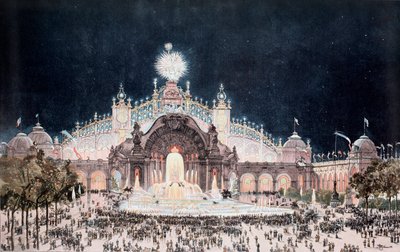 Wystawa uniwersalna, widok pałacu zamku elektrycznego i wodnego, Paryż (Print autorstwa Theodor Josef Hubert Hoffbauer