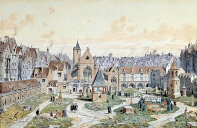 Widok cmentarza Niewiniątek w Paryżu w 1550 r. Akwarela Teodora Josepha Huberta Hoffbauera (1839-1922) XIX-wieczny Paryż, Musee Carnavalet autorstwa Theodor Josef Hubert Hoffbauer