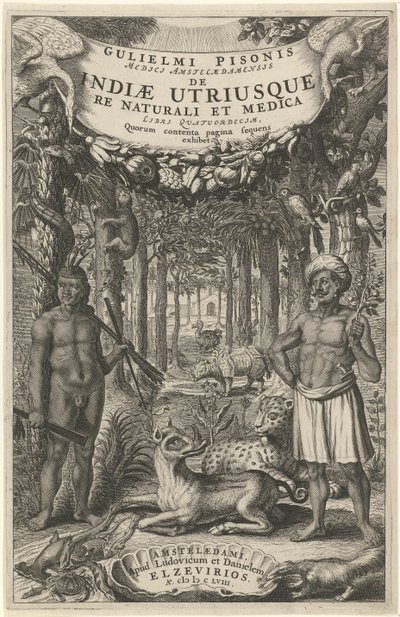Dwóch mężczyzn i dzikie zwierzęta przed lasem Strona tytułowa dla: Indiae Utriusque, 1658 autorstwa Theodor Matham
