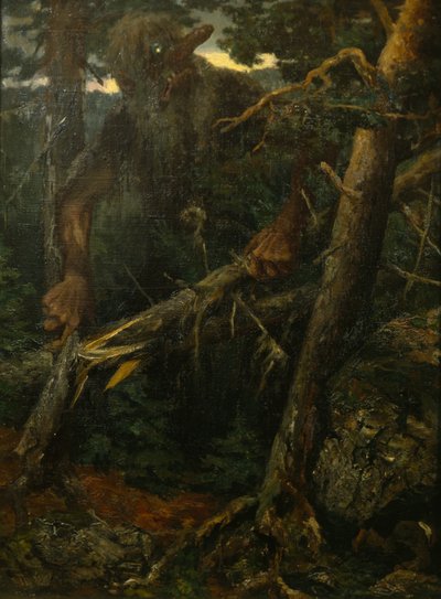 Stary troll łamiący drzewa w lesie autorstwa Theodor Kittelsen