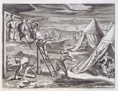 Powieszenie i okaleczenie 3 złodziei, Rio de la Plata, ok. 1536 r., z "Newe Welt und Americanische Historien" Johanna Ludwiga Gottfrieda, opublikowanego przez Mattaeusa Meriana, Frankfurt autorstwa Theodor de (after) Bry