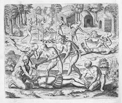 Masakra chrześcijańskich misjonarzy w pobliżu Cumana, Wenezuela, z "Newe Welt und Americanische Historien" Johanna Ludwiga Gottfrieda, opublikowanego przez Mattaeusa Meriana, Frankfurt autorstwa Theodor de (after) Bry