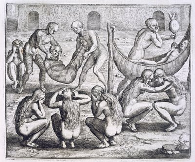 Wódz Tupinamba i jego rodzina chorują, gdy Hans Staden jest przetrzymywany w niewoli, z "Newe Welt und Americanische Historien" Johanna Ludwiga Gottfrieda, opublikowanego przez Mattaeusa Meriana, Frankfurt autorstwa Theodor de (after) Bry