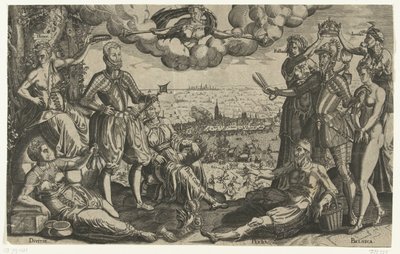 Porównanie Oranje i Alvy z Hiszpańską Furią w tle, ok. 1577 autorstwa Theodor de Bry (attributed to)