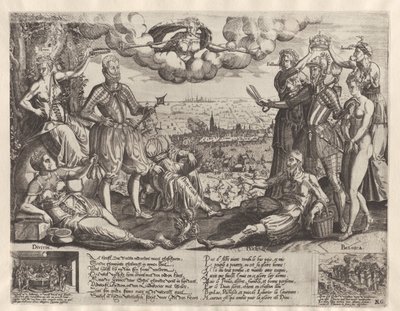 Porównanie Oranje i Alvy z Hiszpańską Furią w tle, ok. 1577 autorstwa Theodor de Bry (attributed to)