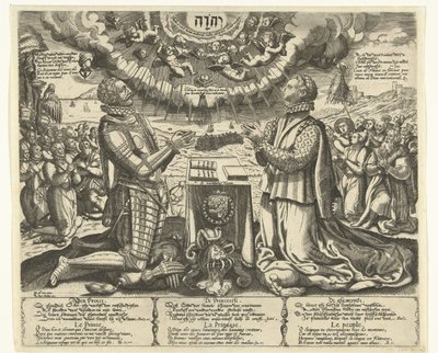 William of Orange i Charlotte of Bourbon klęczą w krajobrazie autorstwa Theodor de Bry (attributed to)