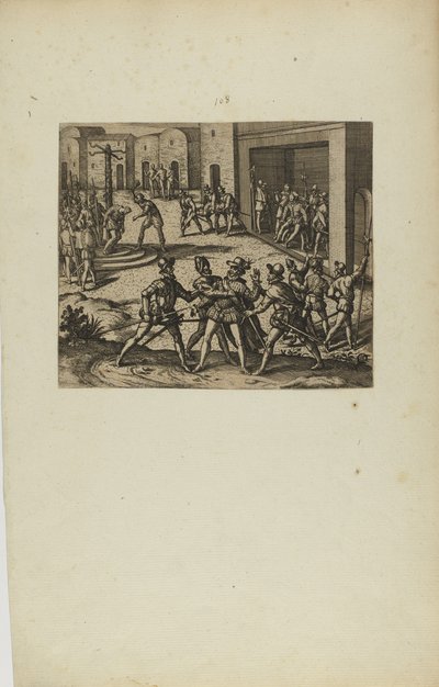 (Jacobus Almagrus a Ferdinando Pizarro Invincula Coniicitur in Carcere....) (z książki Americae, część szósta) autorstwa Theodor de Bry