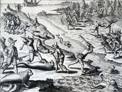 Wyprawa Thomasa Cavendisha z "Americae" Theodora de Bry, ok. 1593 r. (rycina) autorstwa Theodor de Bry