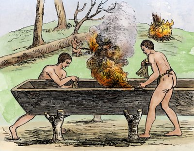 Indianie robiący canoe, pokazujący pień drzewa przy ognisku i kopiący ziołami. Rycina z 1590 roku autorstwa Theodore De Bry, kolorowa z XIX wieku. autorstwa Theodor de Bry