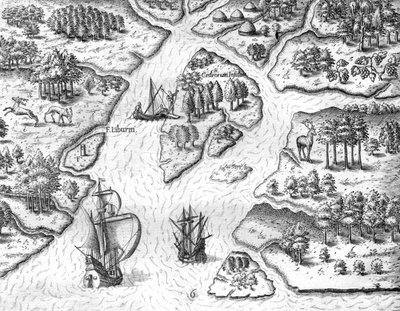 Jean Ribault ustawia kolumnę z ramionami króla Francji w Charlesfort autorstwa Theodor de Bry