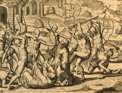 Męczeństwo mnichów misyjnych w Ameryce Południowej, rycina z Historia americae, Theodor de Bry (1528-1598), Frankfurt autorstwa Theodor de Bry