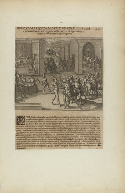 Mercatores Quidam cum Deessent Illis Cibi/Quibus Vescerentur in.... (z książki Americae, część piąta) autorstwa Theodor de Bry