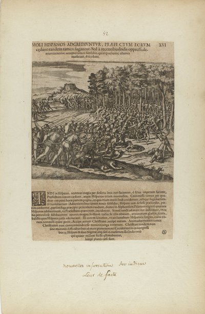 Moli Hispanos Adgrediuntur, Praefe Ctum Eorum/Cedunt: Tandeum.... (z książki Americae, część piąta) autorstwa Theodor de Bry