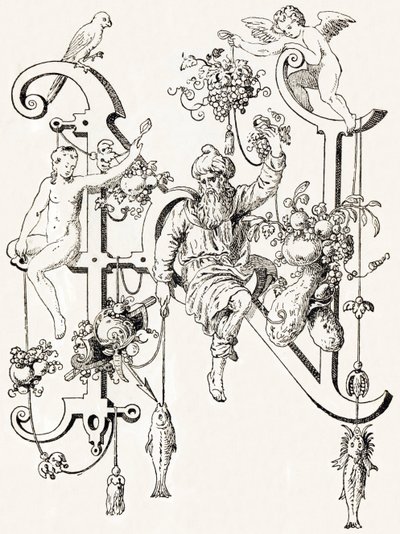 N - El sabio Natham - Alfabet autorstwa T. de Bry (nowy alfabet artystyczny) autorstwa Theodor de Bry