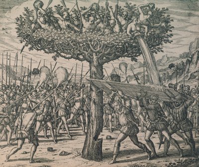 Tubylcy ukrywający się na drzewach walczący z zdobywcami autorstwa Theodor de Bry