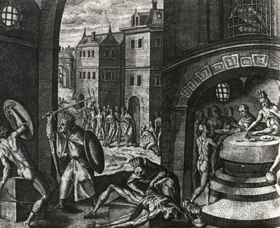 Ksiądz zabija ofiarę fałszywej walki, a następnie oskóruje ciało, Meksyk, rycina z Peregrinationes, Theodor de Bry (1528-1598), Ameryka Środkowa autorstwa Theodor de Bry
