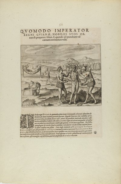 Quomodo Imperator/Regni Guianae, Nobiles Suos Or-/Nare.... (z książki Americae, część siódma i ósma) autorstwa Theodor de Bry