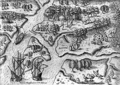 Francuska ekspedycja ląduje w Port Royal na Florydzie autorstwa Theodor de Bry