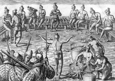 Indianin Timucua z francuskimi odkrywcami autorstwa Theodor de Bry