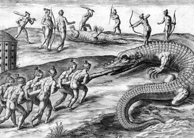 Indianie Timucuan polujący na aligatory autorstwa Theodor de Bry