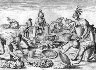 Indianie Timucuan przygotowujący ucztę autorstwa Theodor de Bry