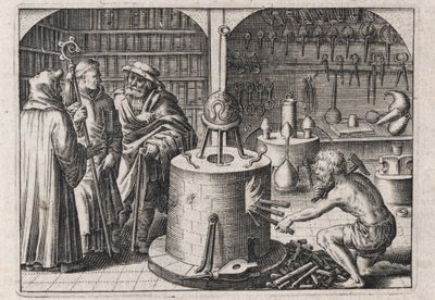 Trzej uczeni rozmawiają w warsztacie alchemicznym z piecem i instrumentami - Grawerunek Teodora de Bry (1528-1598), do traktatu alchemicznego "Tripus avreus, hoc est, Tres tractatus chymici selectissimi" Michaela Maiera (1569-1622) autorstwa Theodor de Bry