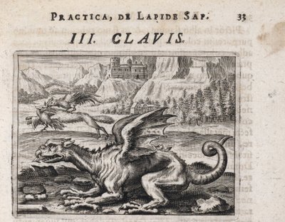 Smok, w tle wilk kradnący kury, zaatakowany przez koguta - Rycina Theodore de Bry (1528-1598), do traktatu alchemicznego "Tripus avreus, hoc est, Tres tractatus chymici selectissimi" Michaela Maiera (1569-1622) autorstwa Theodor de Bry