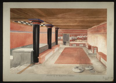 Malowanie odtworzonej Sali Tronowej Pałacu Minosa w Knossos (Evans Fresco Drawing B/4 a)) autorstwa Theodore Fyfe