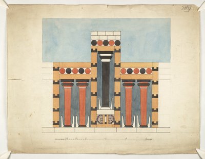 Malarstwo przedstawiające na nowo centralną trójdzielną świątynię na dziedzińcu centralnym pałacu Minosa w Knossos (Plany architektoniczne Evansa WW/15) autorstwa Theodore Fyfe